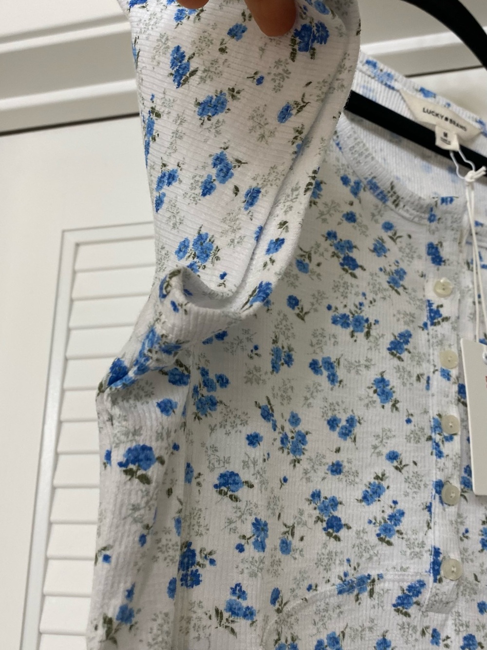 Lucky Brand White Short Sleeve Henley with Blue Floral Print - Picture 8 of 10